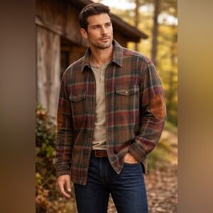 Vintage Lauren Ralph Lauren Plaid Zip Front Flannel Shirt Jacket w/ Elbow Patch